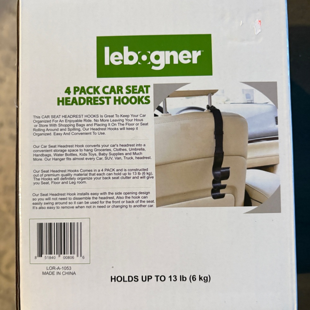 New- Lebogner 4-pack car seat headrest hooks